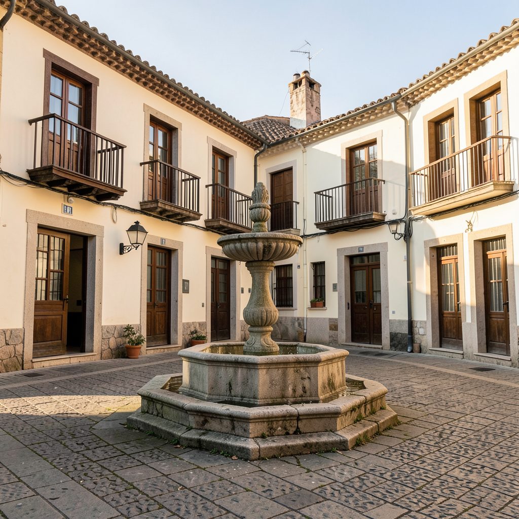 A quiet plaza in a small Spanish town with a stone fountain at center, cream-colored buildings with dark wooden balconies