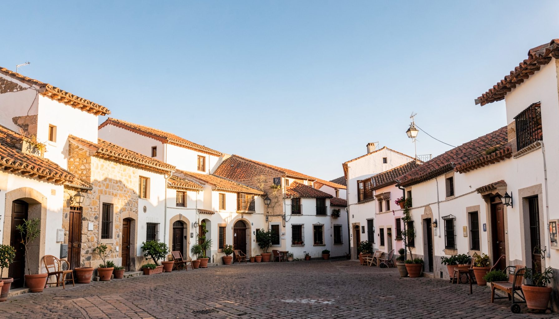 A warm, softly lit view of a traditional Spanish village square with terracotta rooftops and a clear blue sky