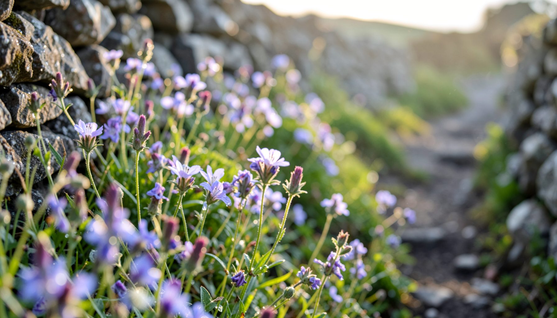 Close-up of wildflowers and drystone walls along a rural path, with soft morning light and dew on the petals