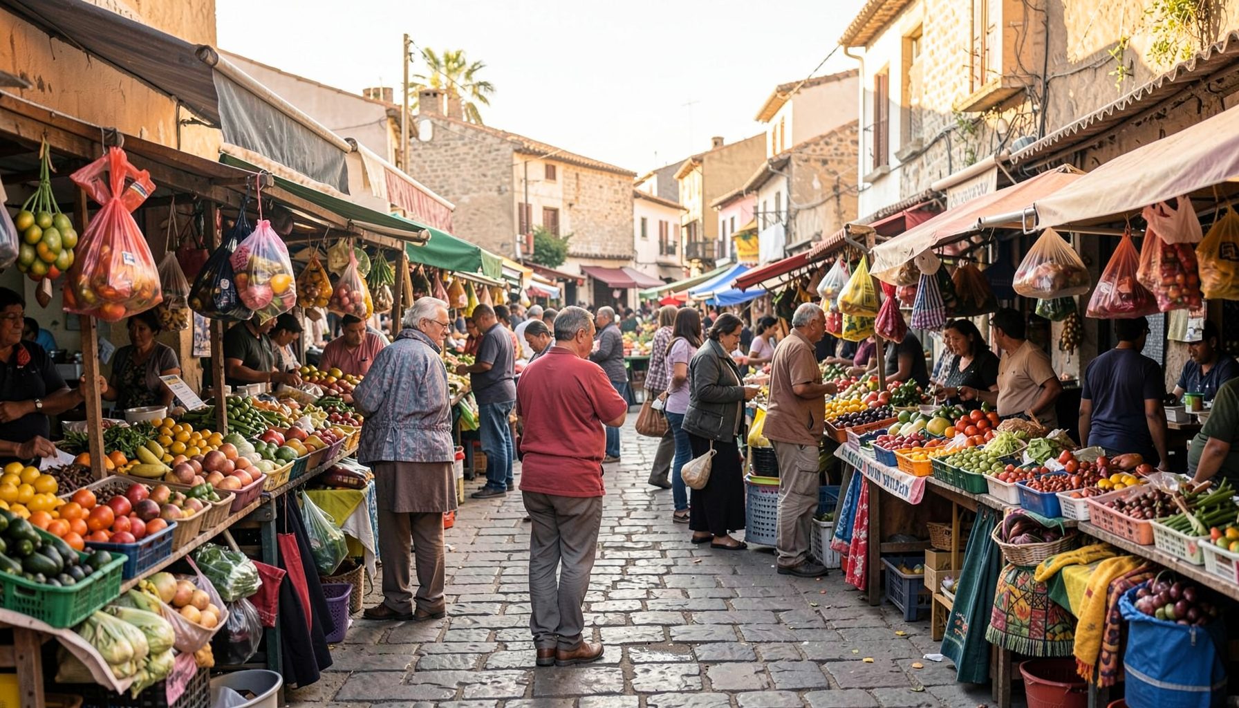 Busy outdoor market stalls with fresh produce and local goods, people browsing under warm sunlight in a village plaza