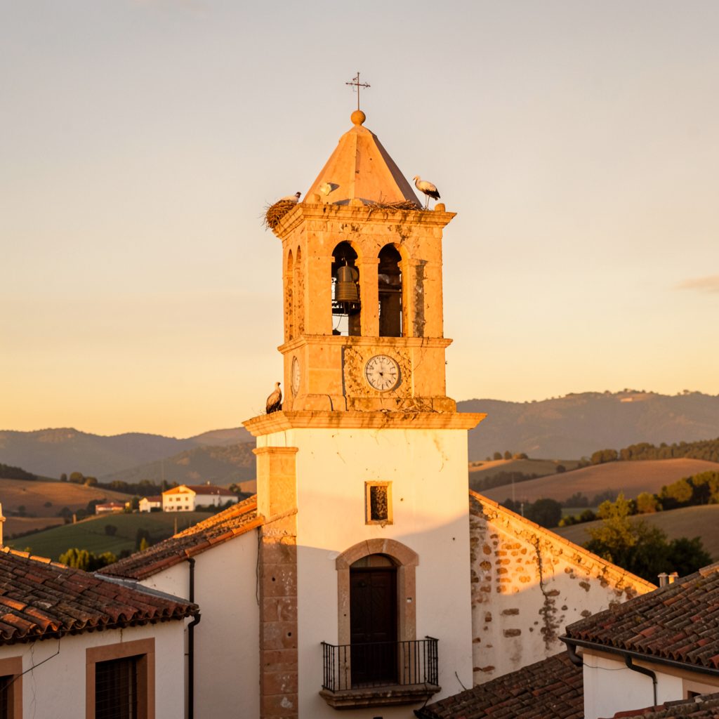 Golden evening light over a Spanish village church tower with stork nest, warm terracotta and cream tones, peaceful rural setting