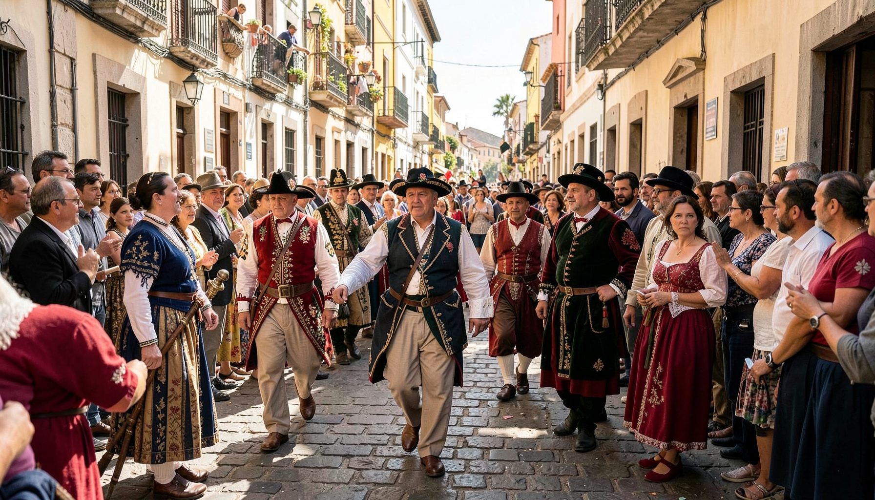Traditional Spanish procession with participants in regional attire moving through a sunlit street lined with onlookers