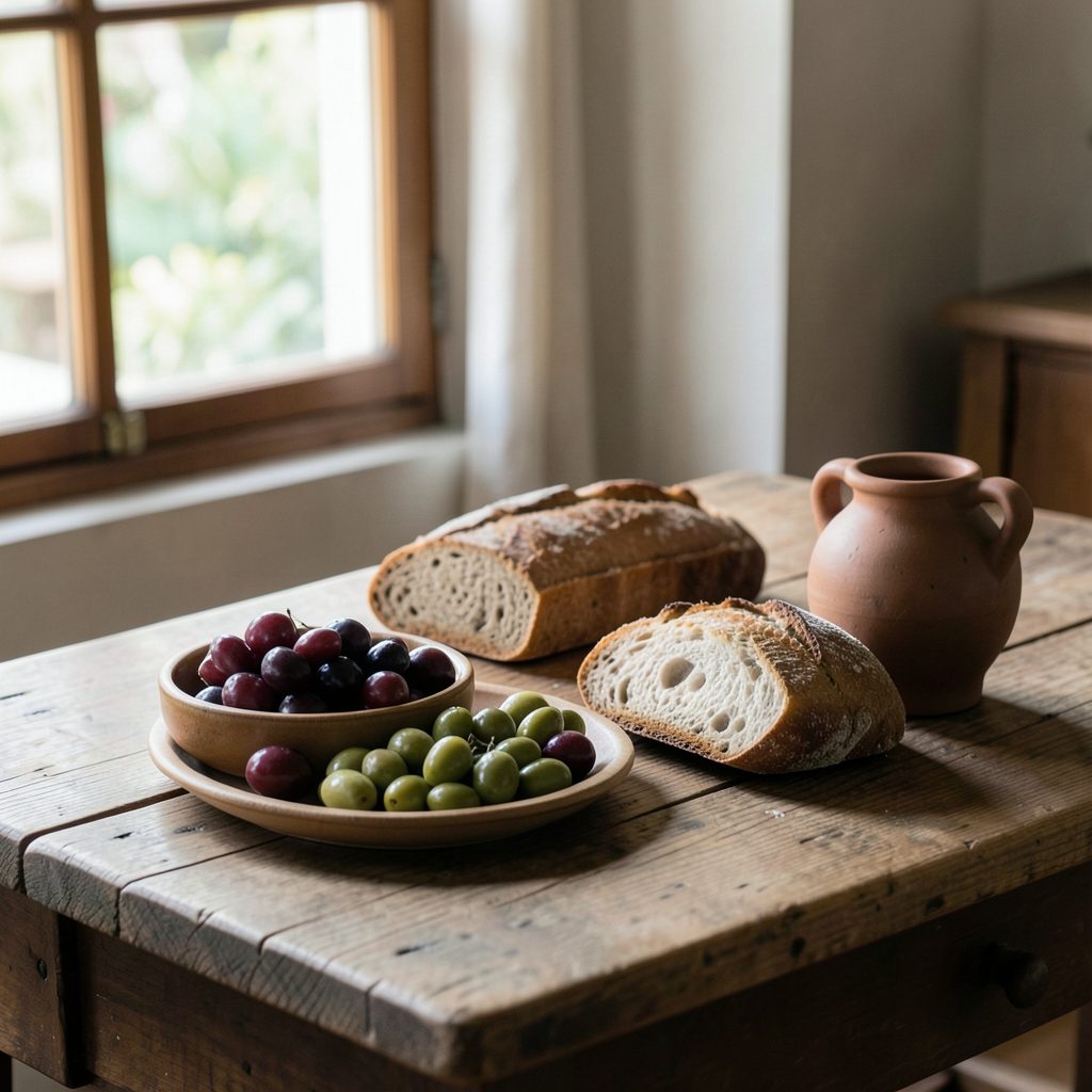 A rustic wooden table with local Spanish produce — olives, bread, and earthenware — bathed in soft natural window light