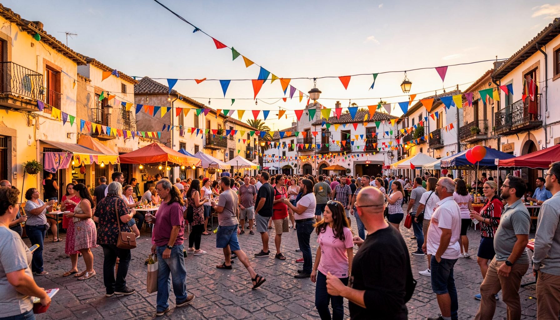 Vibrant outdoor festival scene with colorful decorations and warm evening light, capturing community celebration in a Spanish village