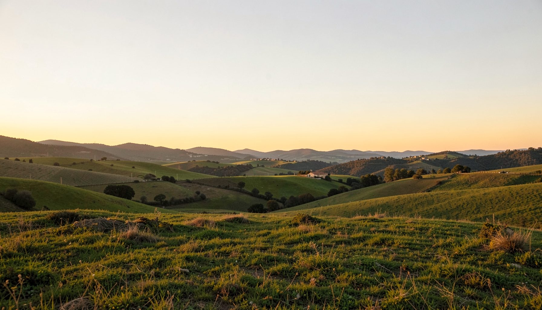 A wide, softly lit landscape of rolling Spanish countryside at dusk, with warm golden and olive tones stretching toward distant hills