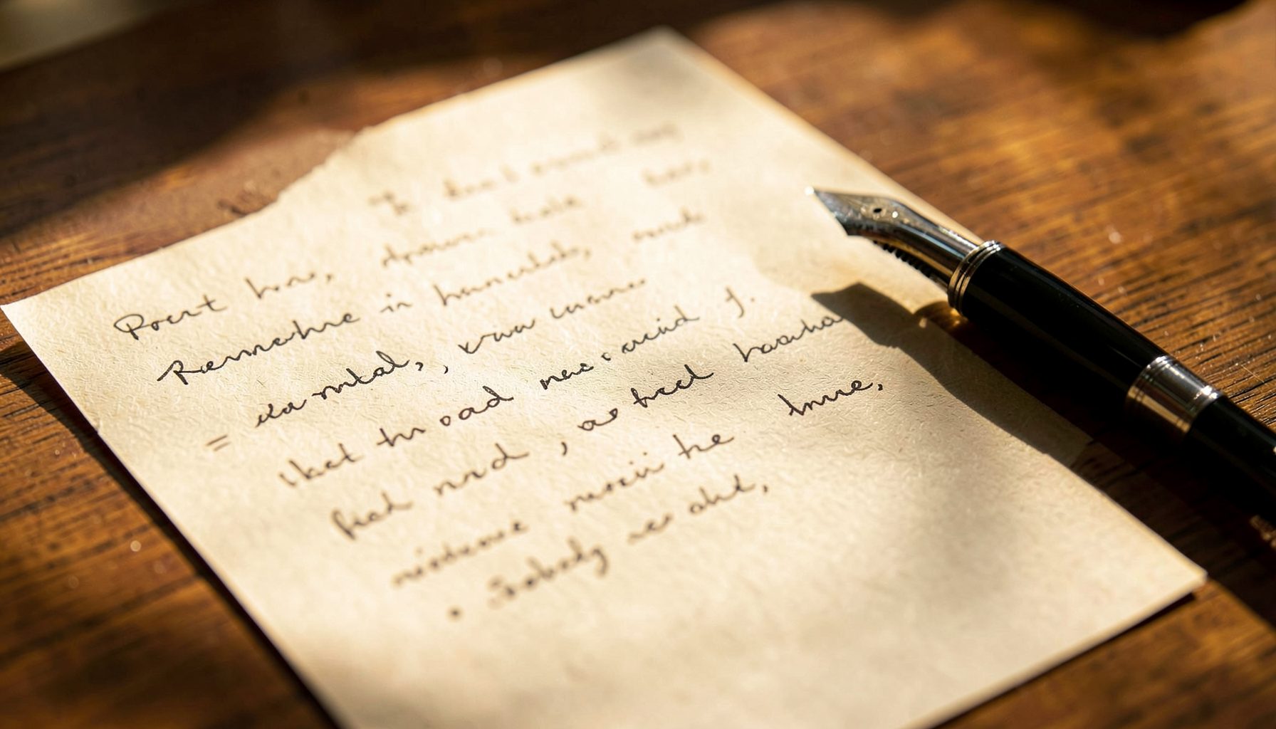 A warm, softly lit close-up of a handwritten letter on textured cream paper beside a fountain pen, with gentle golden-hour light