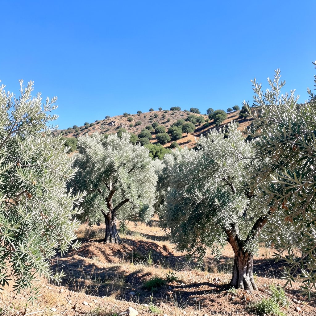 Rolling hills of olive trees under a bright blue sky, silver-green leaves shimmering in sunlight, Castilla-La Mancha landscape