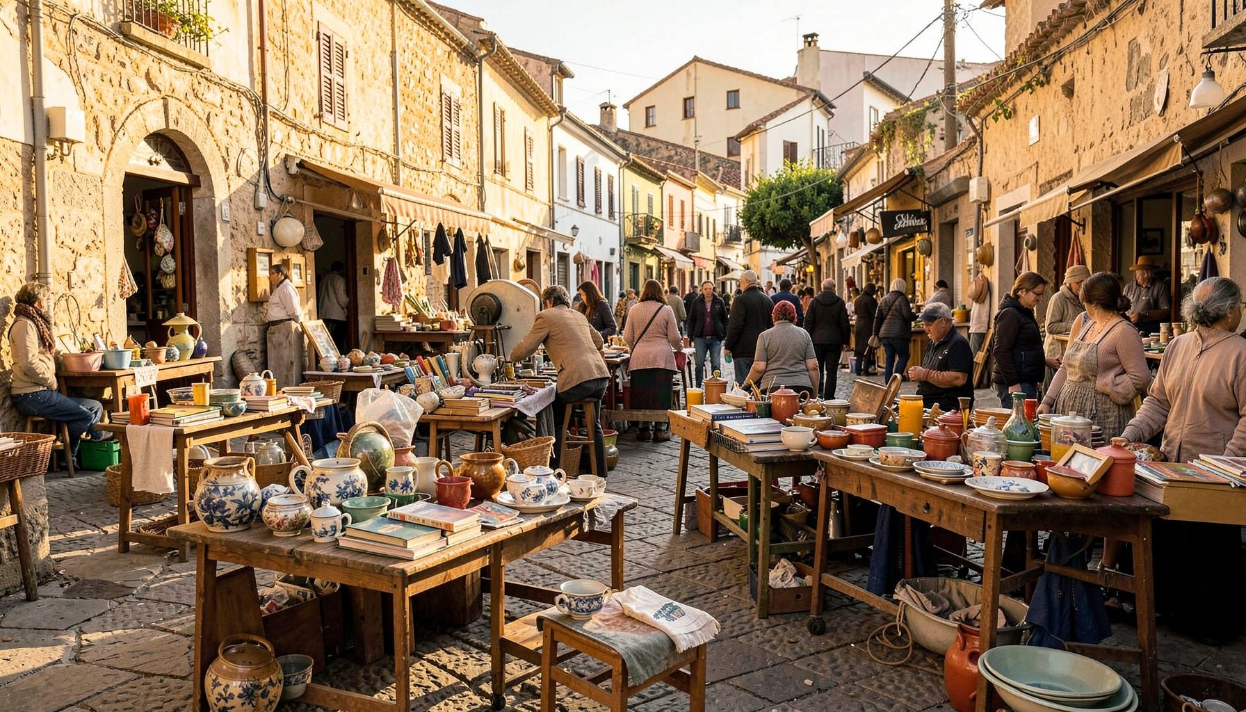 A sunlit outdoor flea market in a small Spanish town, with wooden tables displaying second-hand household goods, books, and curiosities